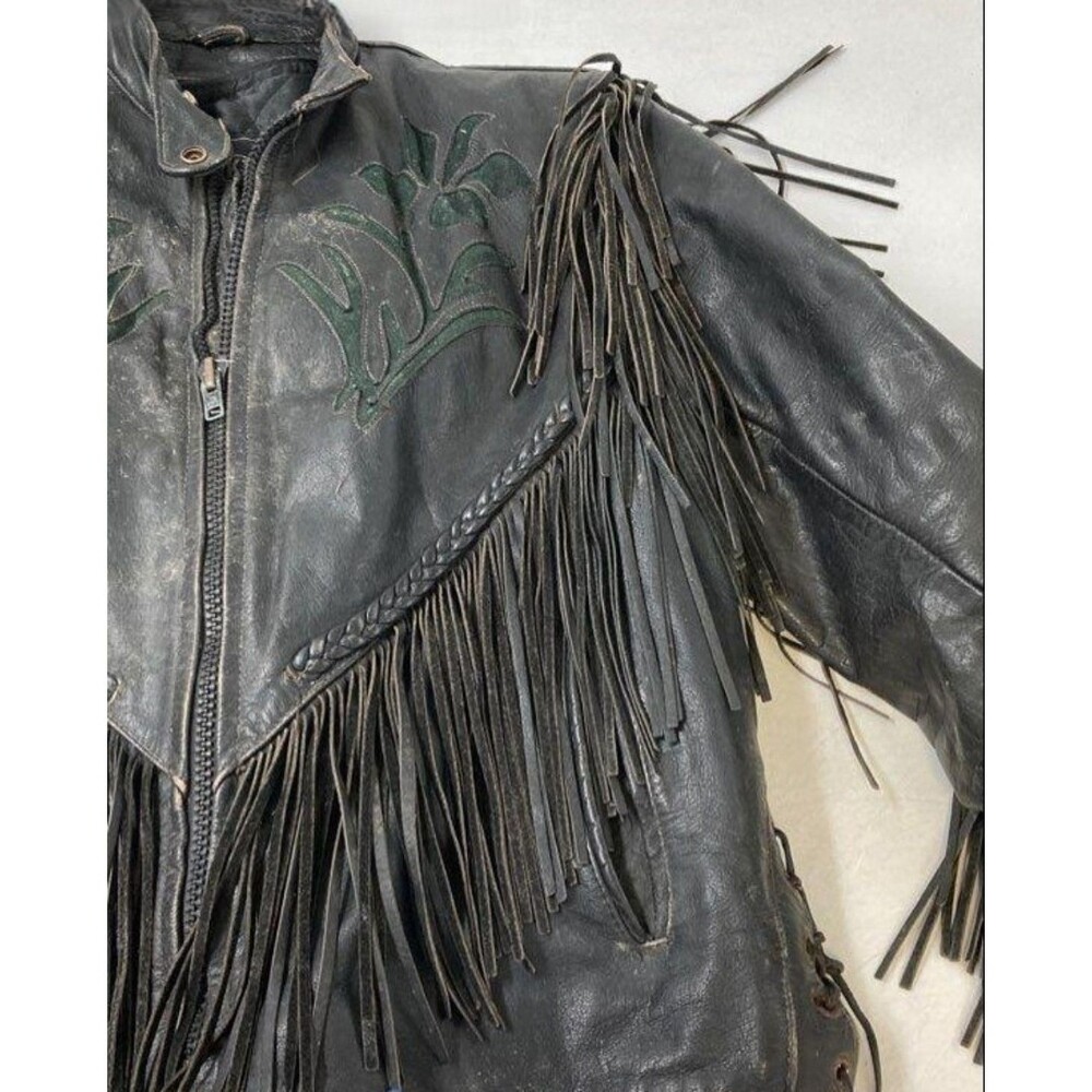 VINTAGE Black Leather Floral Fringe RIDING Jacket Women's Size L - Picture 2 of 6